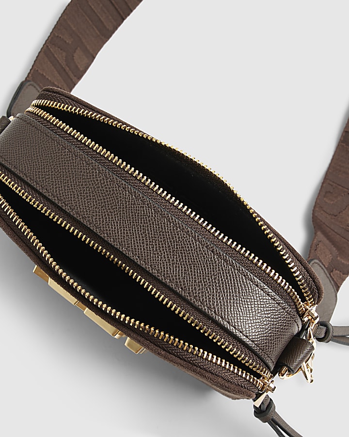 Brown Faux Suede Branded Cross Body Bag