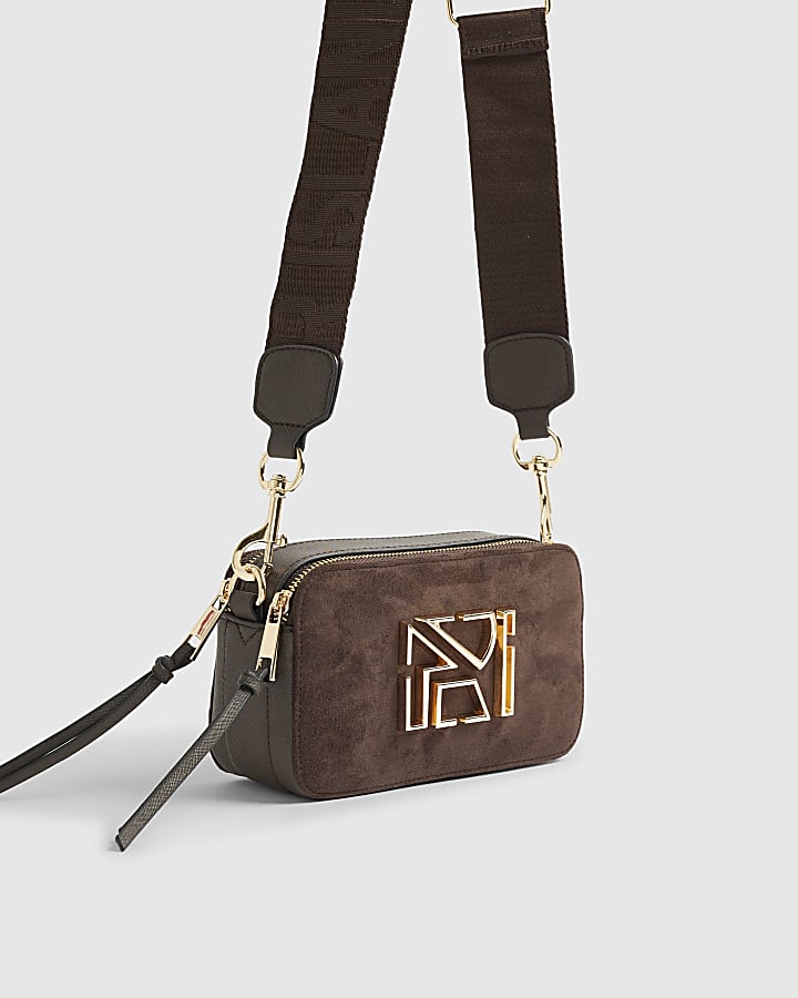 Brown Faux Suede Branded Cross Body Bag