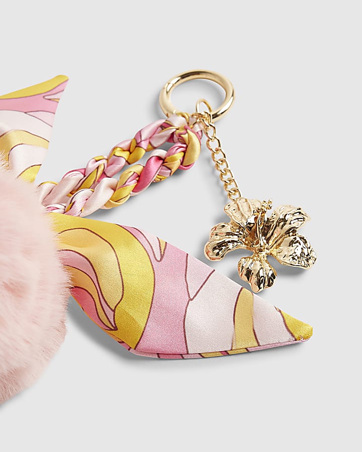 Pink Pom Pom Plaited Scarf Flower Bag Charm
