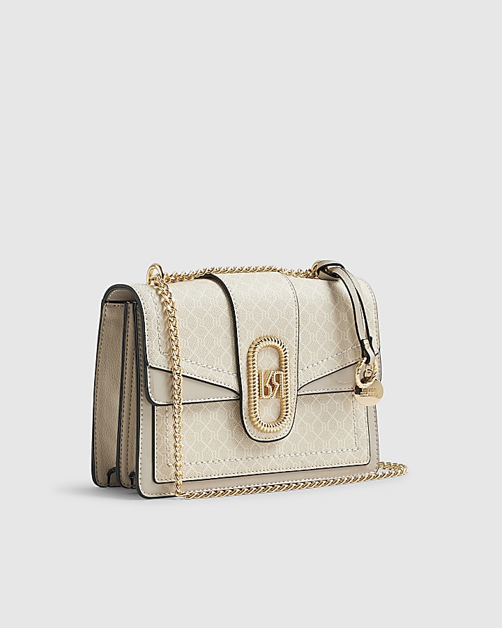 Beige Monogram Panelled Shoulder Bag