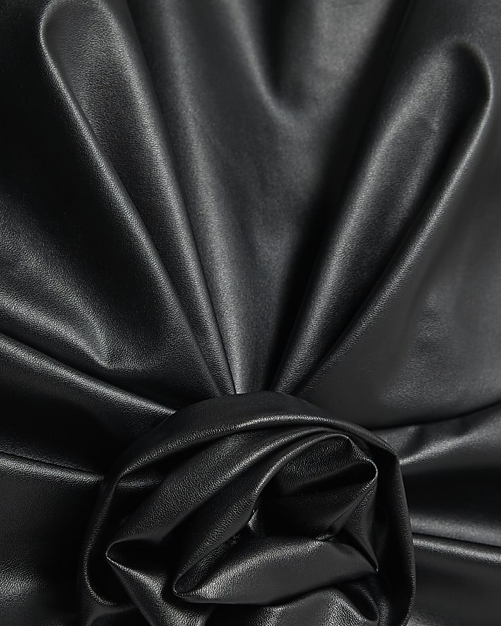 Black Faux Leather Short Sleeve Corsage Top