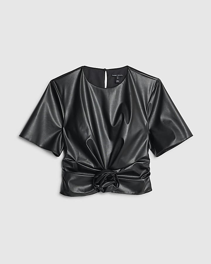 Black Faux Leather Short Sleeve Corsage Top