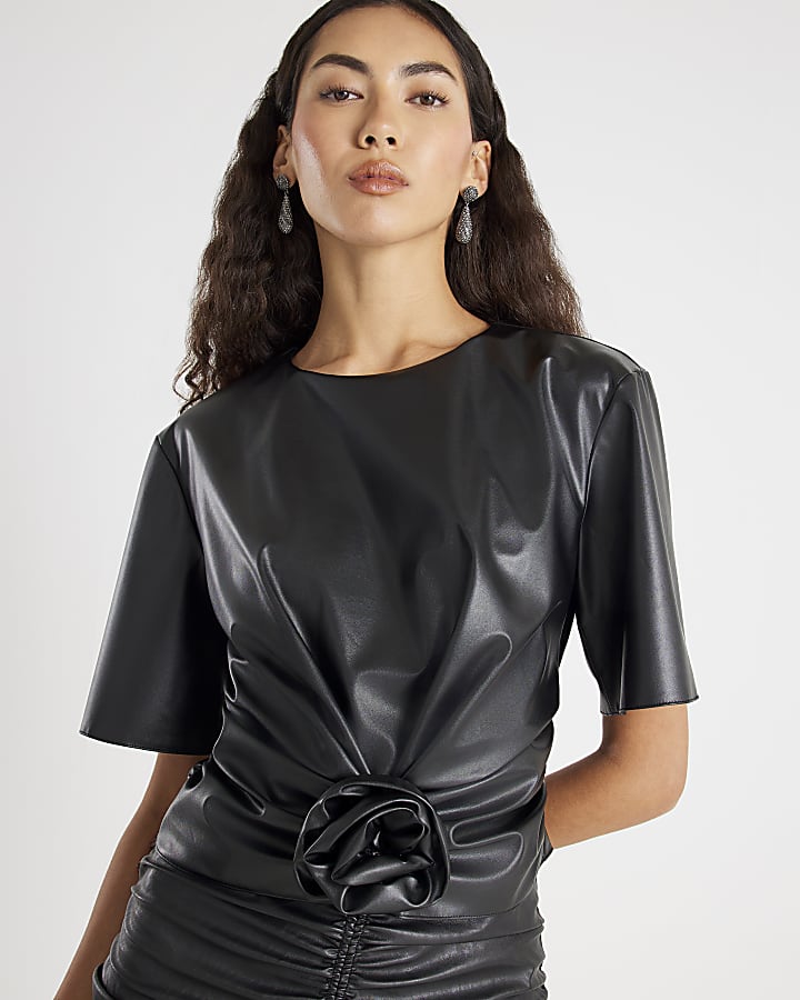 Black Faux Leather Short Sleeve Corsage Top