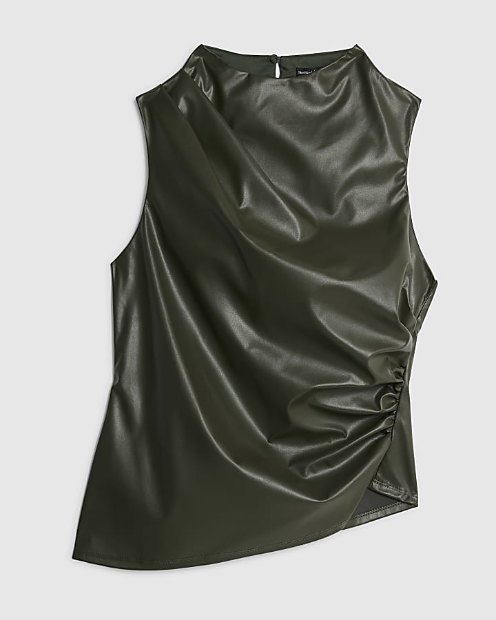 Khaki Faux Leather Sleeveless Ruched Side Top