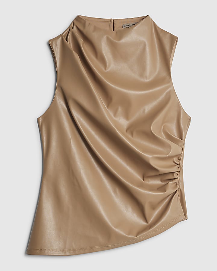 Beige Faux leather Sleeveless Ruched Side Top