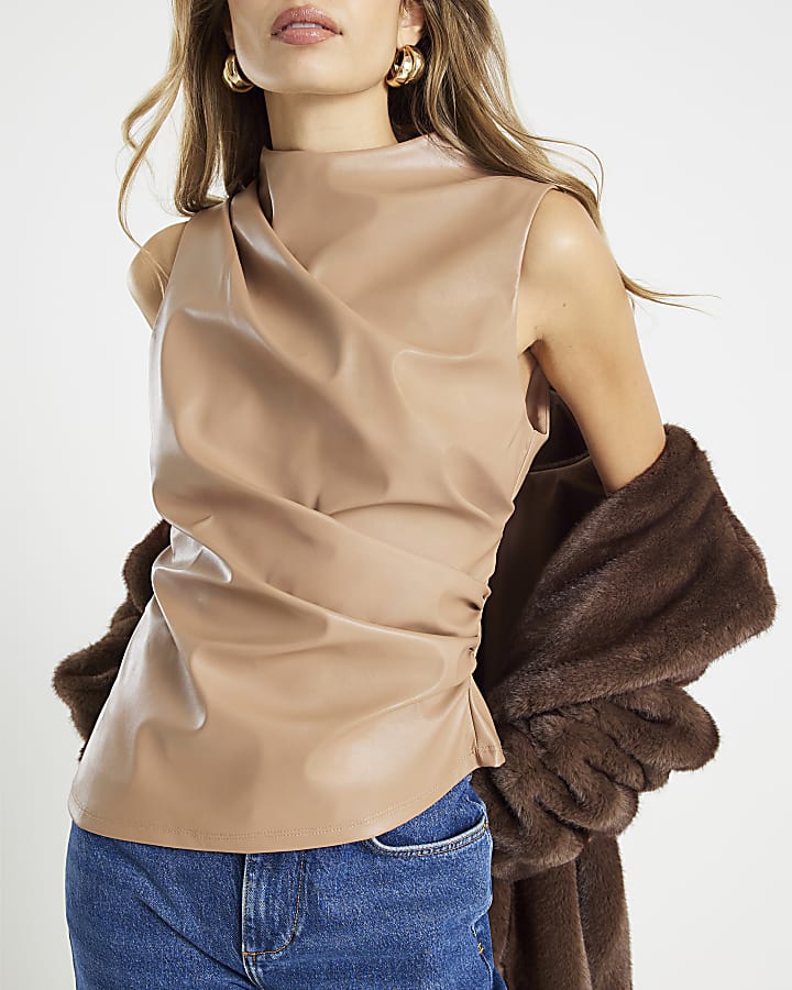 Beige Faux leather Sleeveless Ruched Side Top