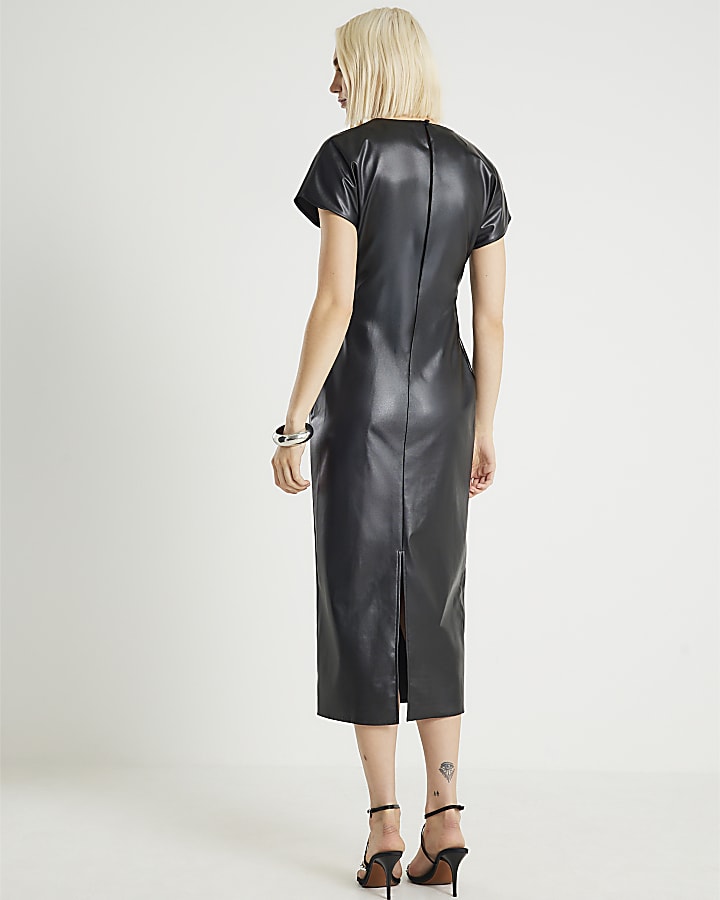 Black Faux Leather Cinched Waist Midi Dress