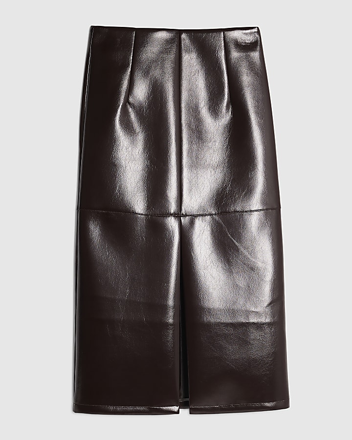 Red Faux Leather Pencil Midi Skirt