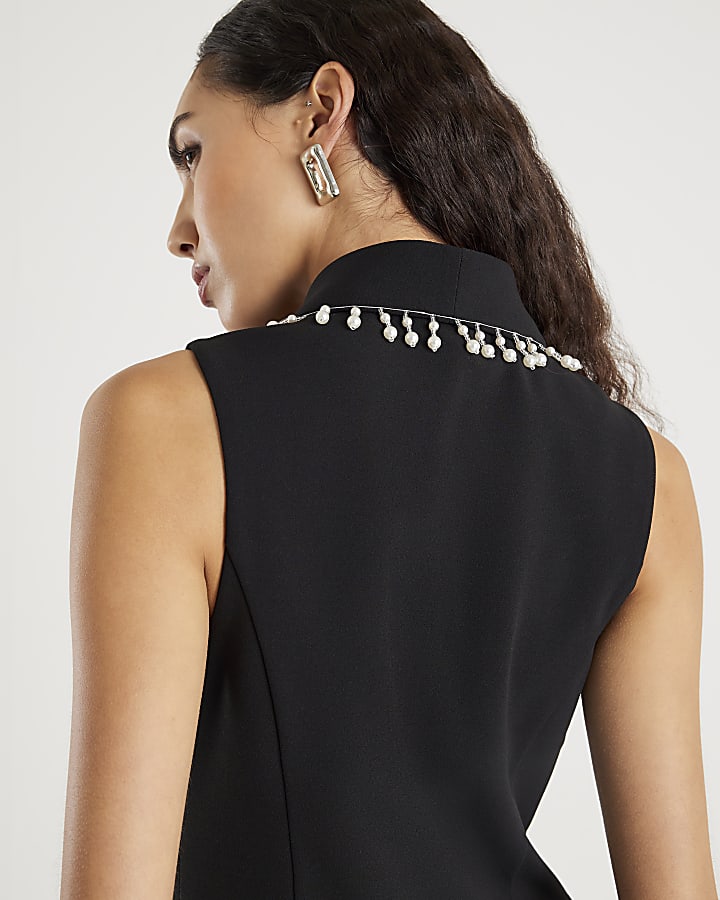 Black Sleeveless Pearl Trim Waistcoat