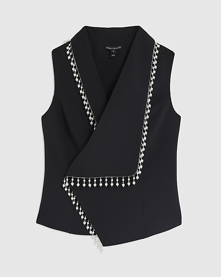 Black Sleeveless Pearl Trim Waistcoat
