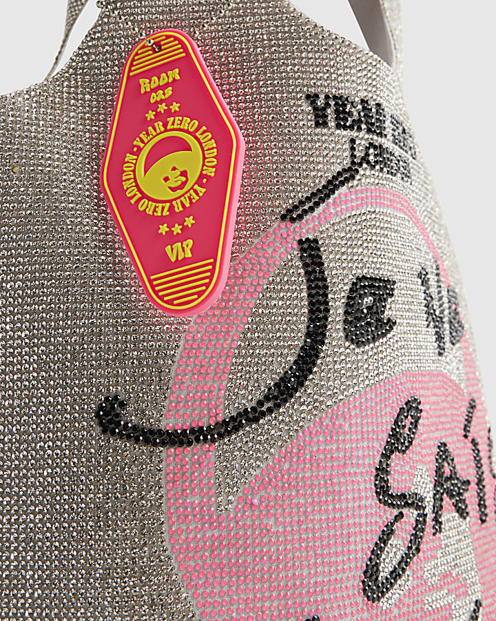 Silver Year Zero Diamante Graphic Clutch Bag