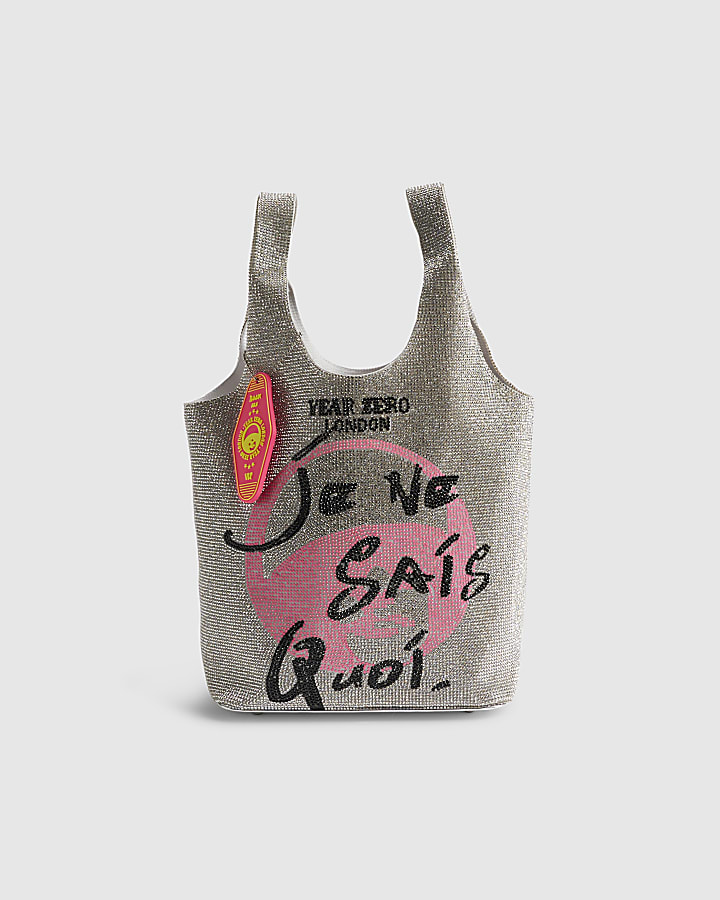 Silver Year Zero Diamante Graphic Clutch Bag