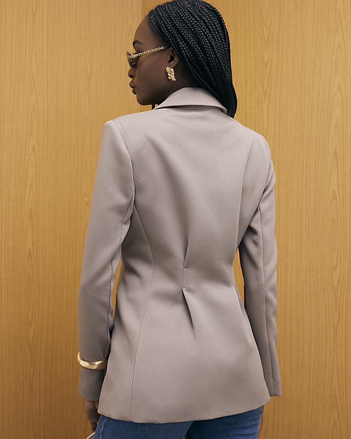 Beige Long Sleeve Cinched Waist Blazer