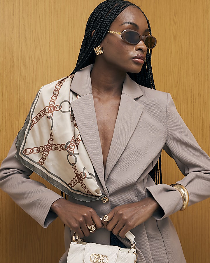 Beige Long Sleeve Cinched Waist Blazer