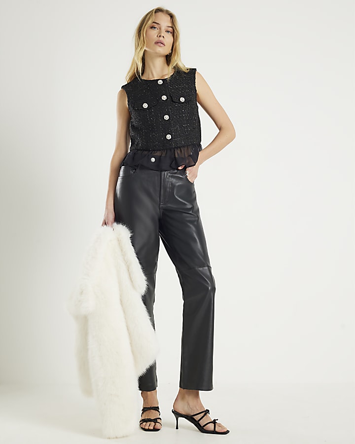 Black Boucle Hybrid Peplum Top