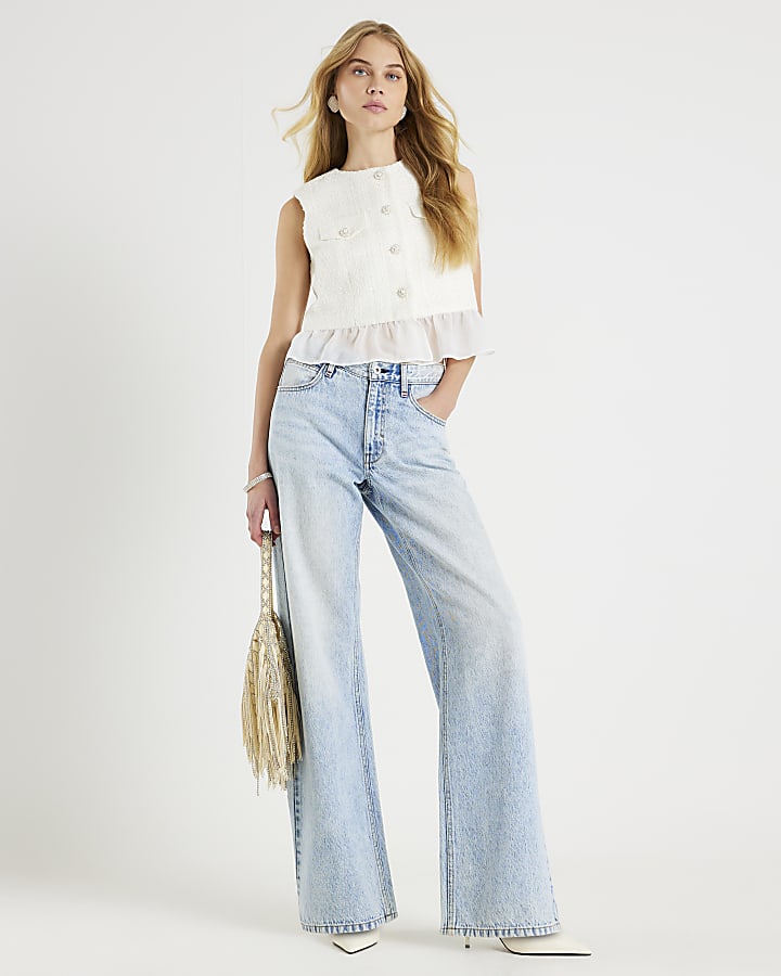 Cream Boucle Sleeveless Hybrid Peplum Top