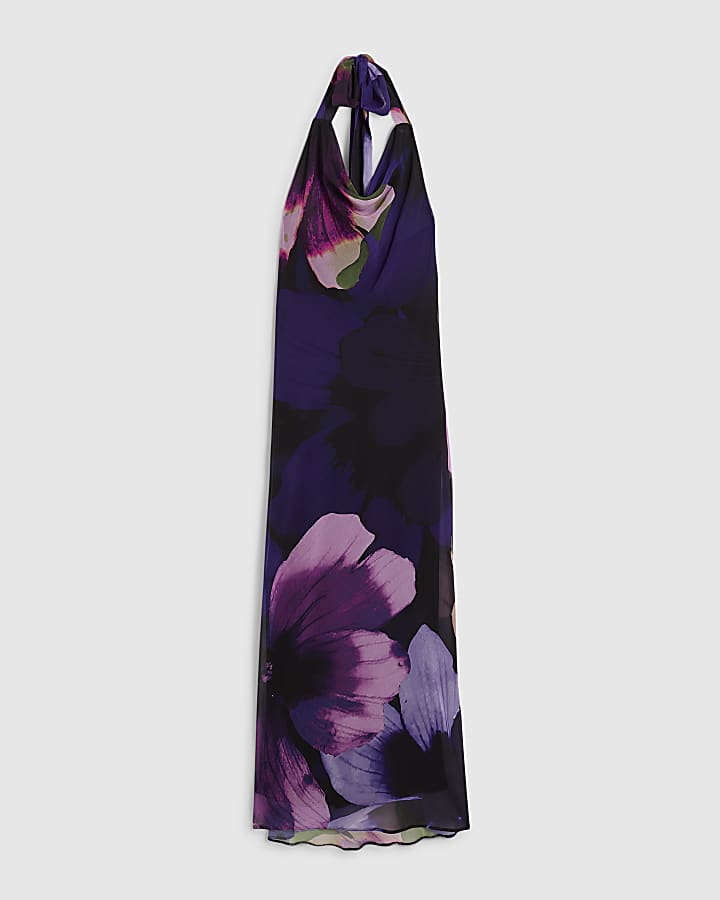 Purple Halter Neck Floral Maxi Dress