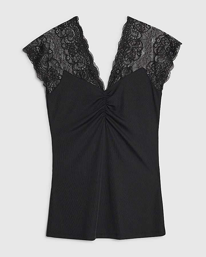 Black Short Sleeve Lace Trim Ruched Top