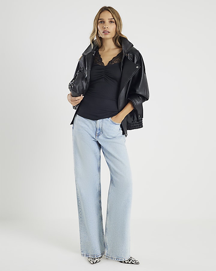 Black Short Sleeve Lace Trim Ruched Top