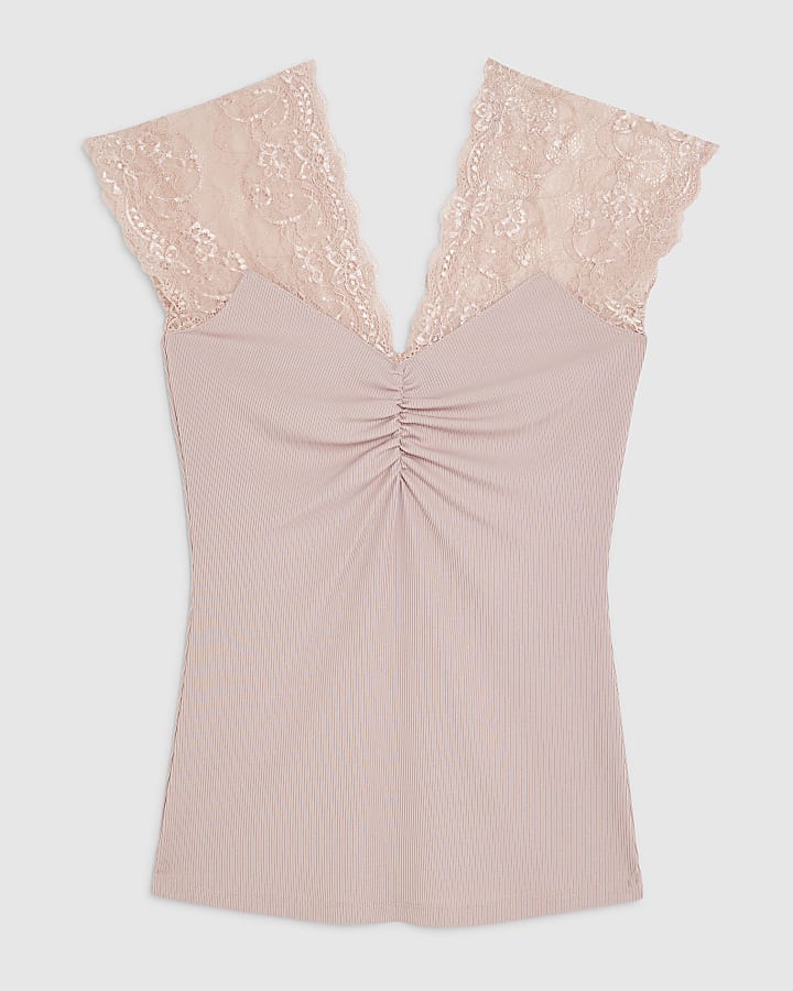 Pink Sleeveless Lace Trim Ruched Top