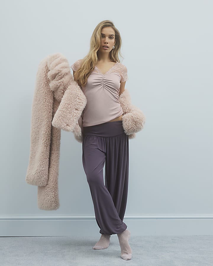 Pink Sleeveless Lace Trim Ruched Top