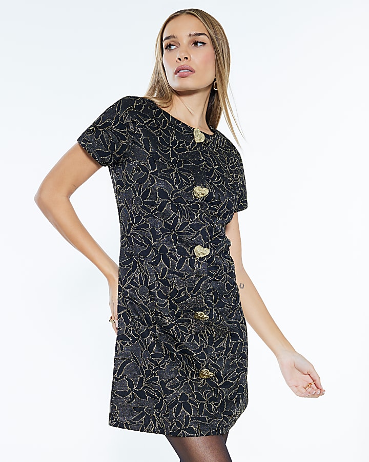 Black Short Sleeve Floral Mini Dress