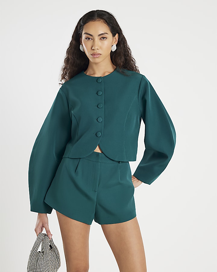 Green Cocoon Sleeve Cropped Jacket