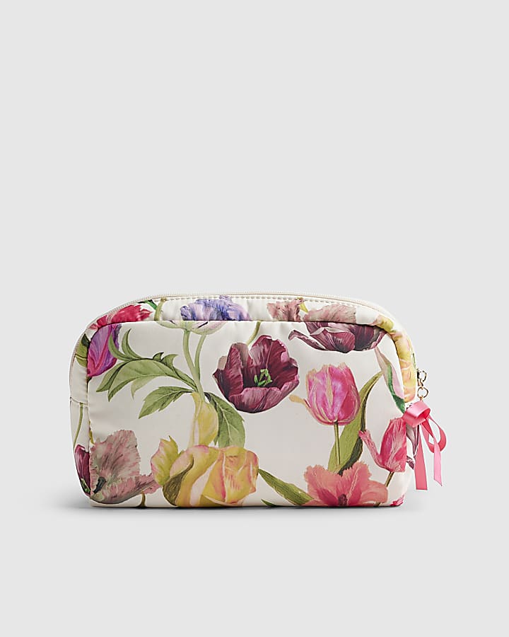 Cream Floral Print Makeup Bag