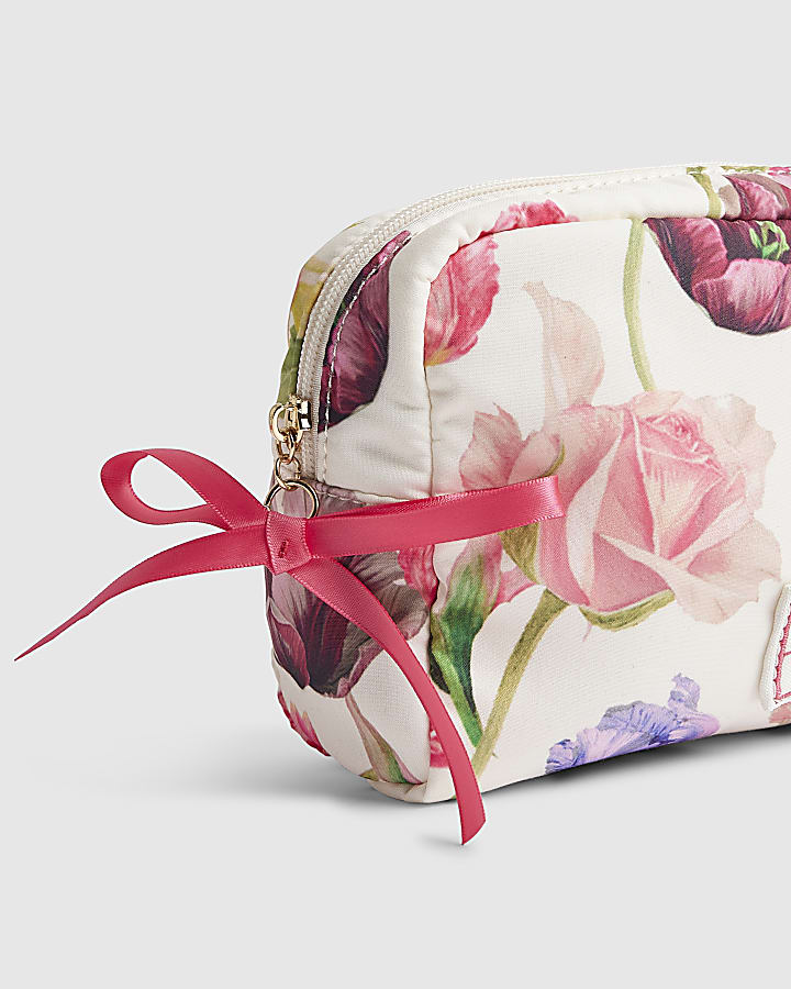 Cream Floral Print Makeup Bag