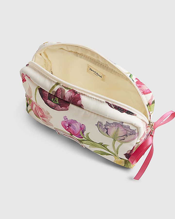 Cream Floral Print Makeup Bag