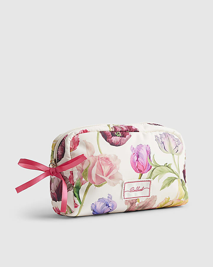 Cream Floral Print Makeup Bag