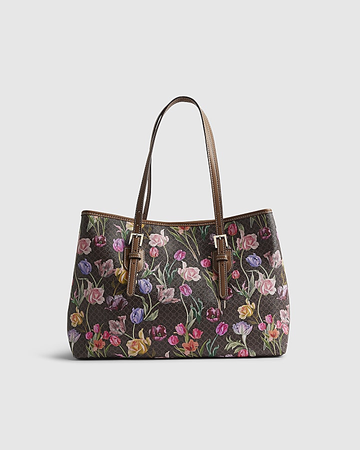 Brown Floral Monogram Buckle Shopper Bag