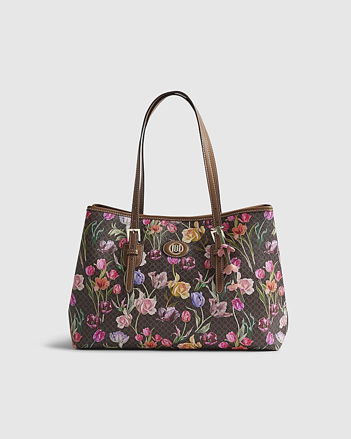 Brown Floral Monogram Buckle Shopper Bag