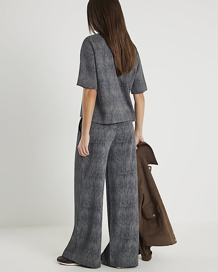 Grey Premium Crinkle Effect Wide Leg Joggers