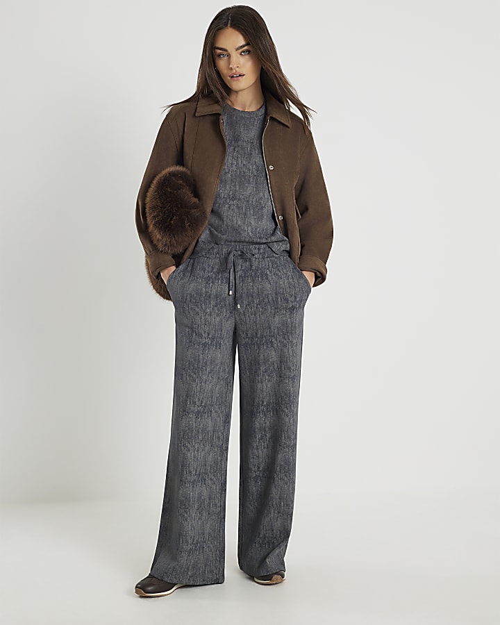 Grey Premium Crinkle Effect Wide Leg Joggers