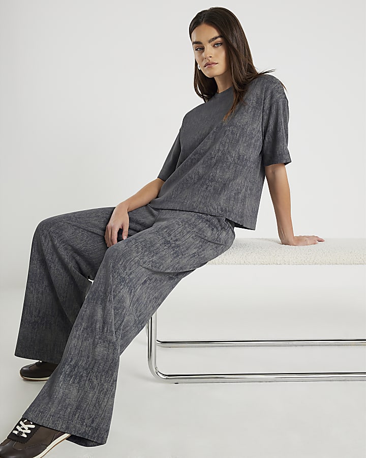 Grey Premium Crinkle Effect Wide Leg Joggers