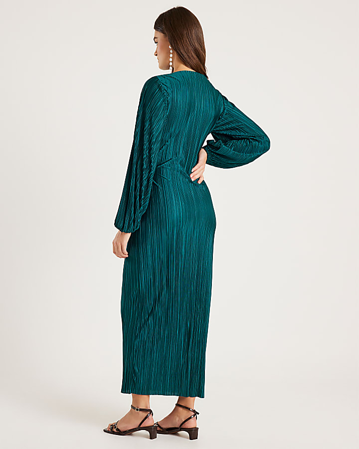Green Plisse Long Sleeve Wrap Midi Dress