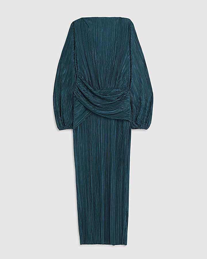 Green Plisse Long Sleeve Wrap Midi Dress
