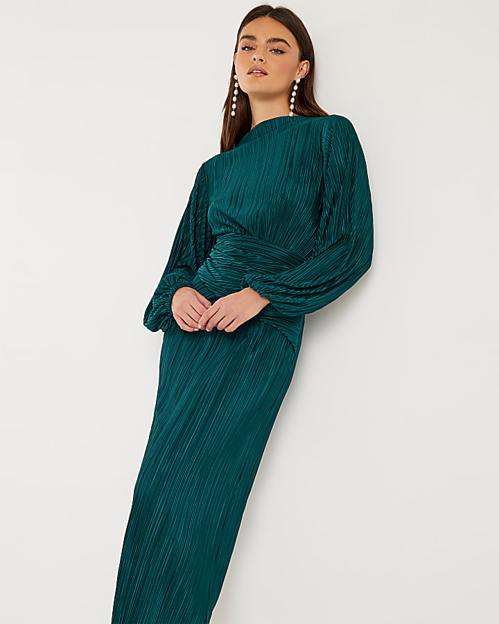Green Plisse Long Sleeve Wrap Midi Dress