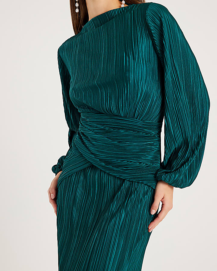 Green Plisse Long Sleeve Wrap Midi Dress