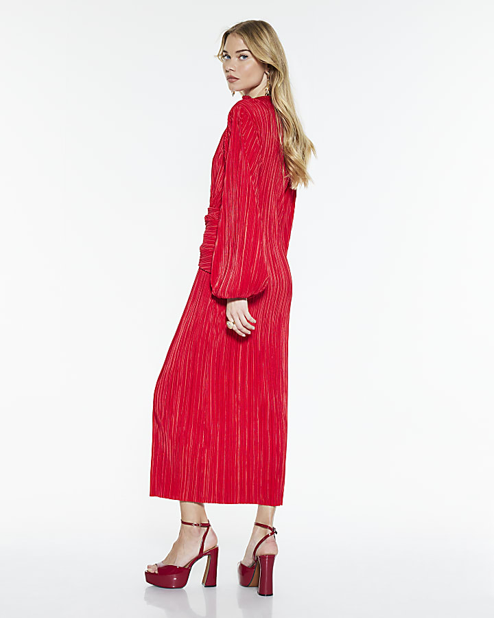 Red Plisse Long Sleeve Wrap Midi Dress