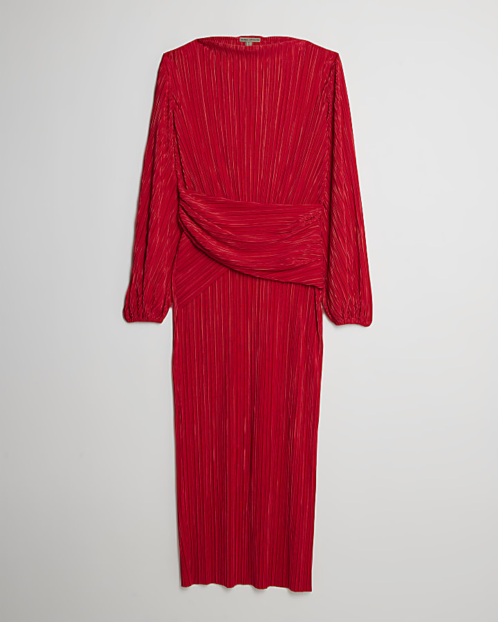 Red Plisse Long Sleeve Wrap Midi Dress