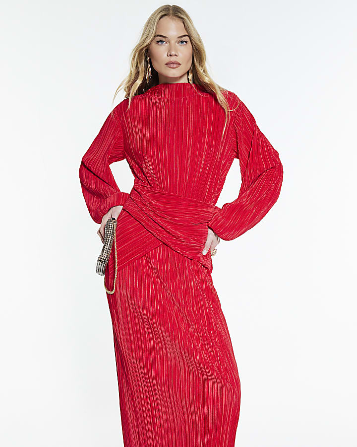 Red Plisse Long Sleeve Wrap Midi Dress