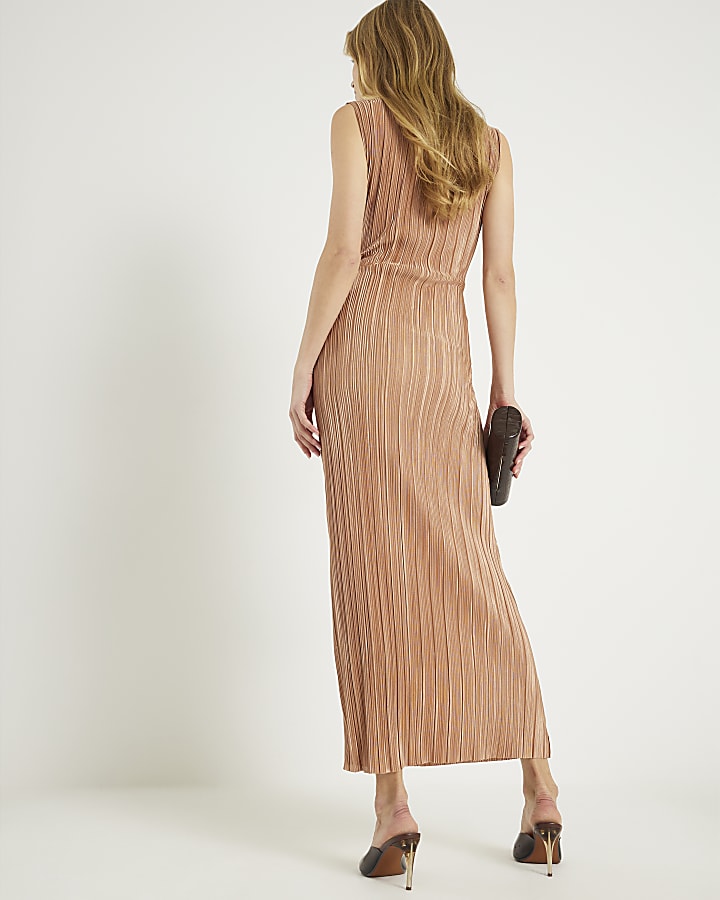 Beige Plisse Sleeveless Wrap Waist Midi Dress