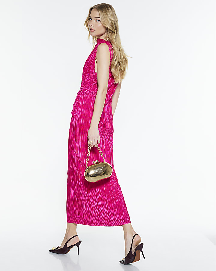 Pink Plisse Sleeveless Wrap Waist Midi Dress