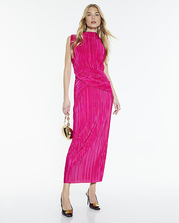 Pink Plisse Sleeveless Wrap Waist Midi Dress
