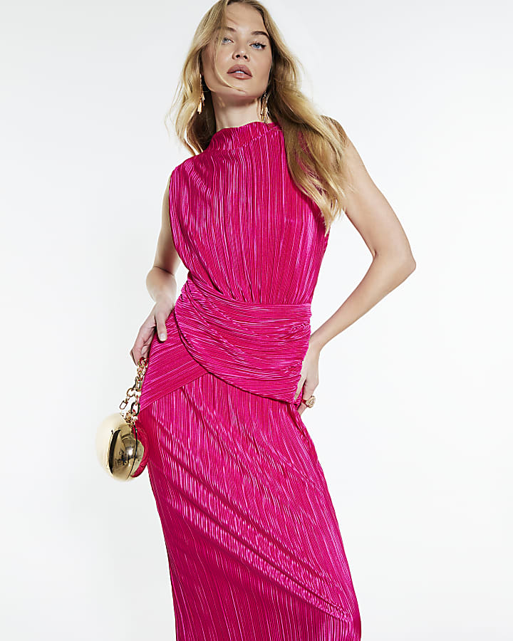 Pink Plisse Sleeveless Wrap Waist Midi Dress
