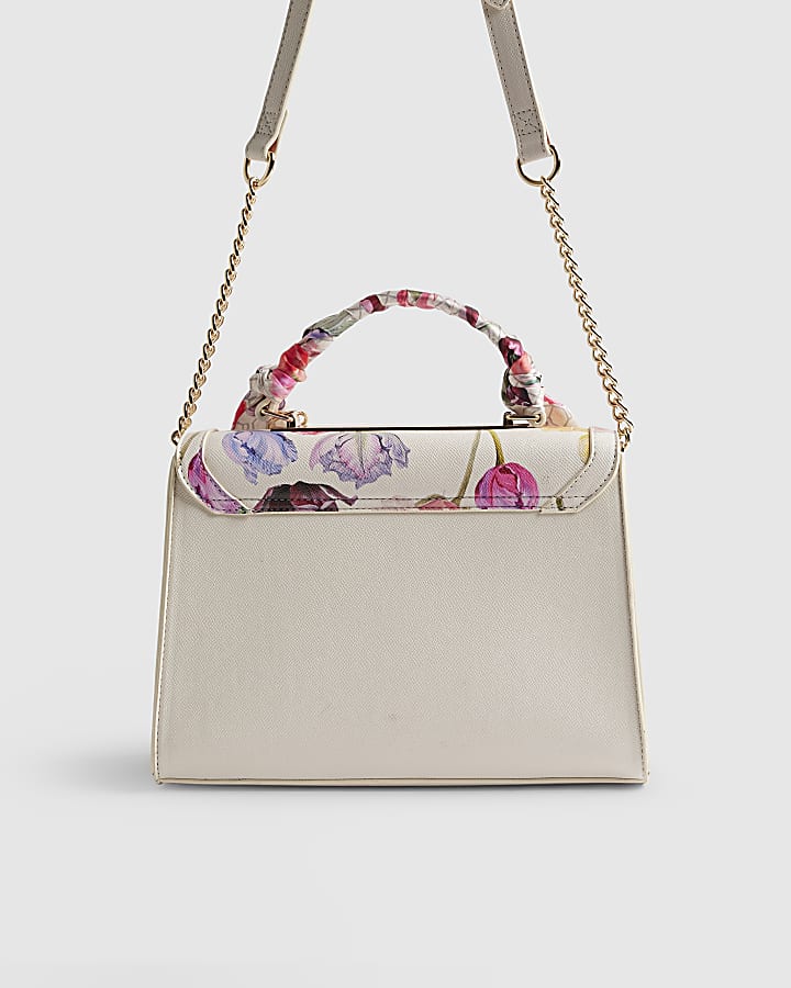 Cream Floral Charm Tote Bag