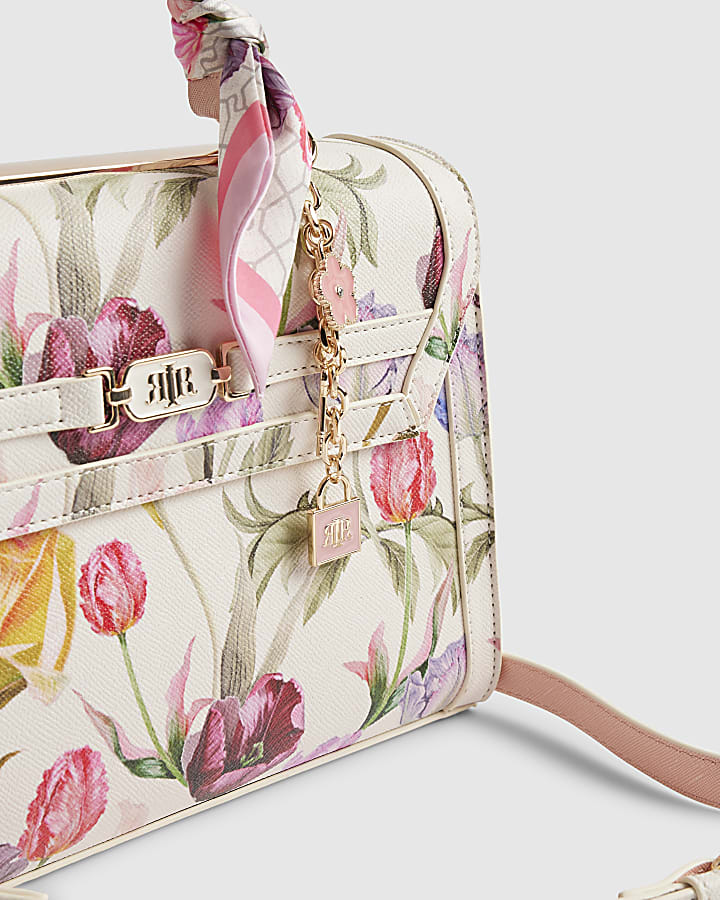 Cream Floral Charm Tote Bag