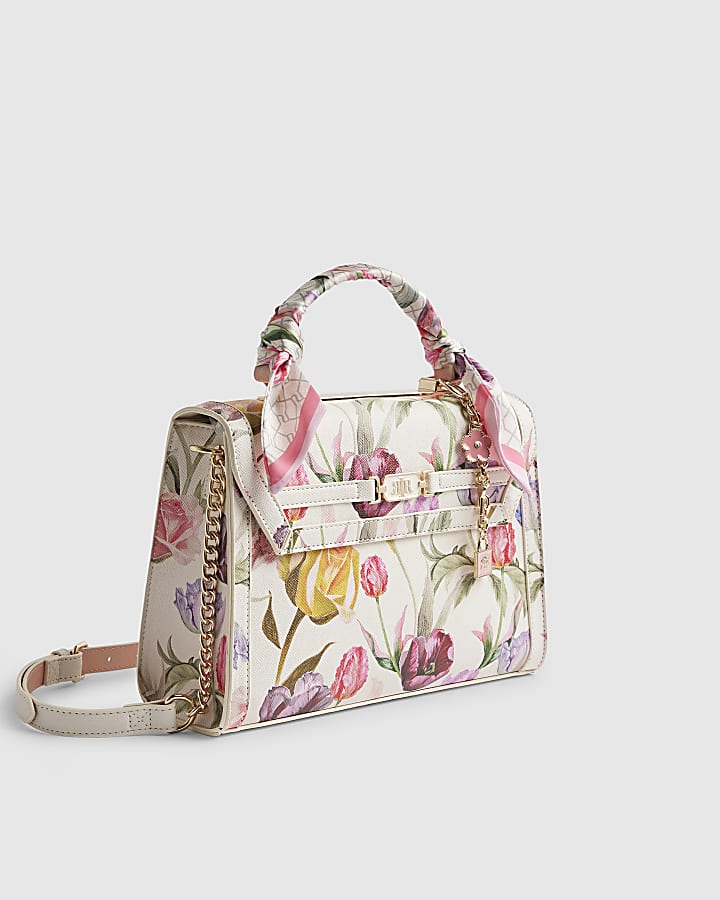 Cream Floral Charm Tote Bag